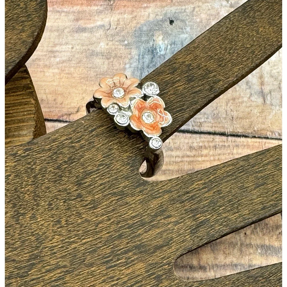 Silver Tone Ring Orange‎ Floral Enamel Rhinestone Accents Size 9 Costume Jewelry